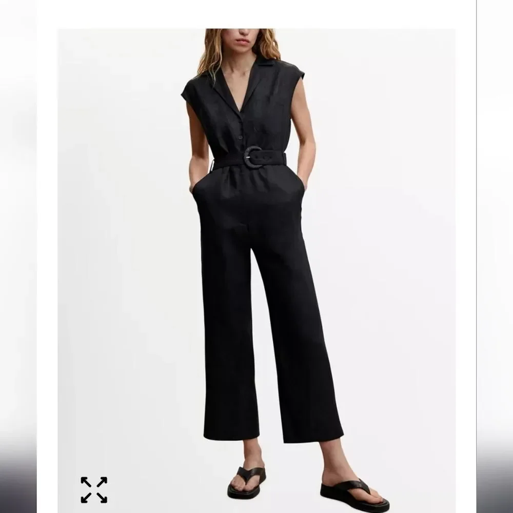 Mango Linen Women's Black Sleeveless Jumpsuit Crop Pant Button Front Pockets S